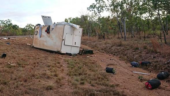 The crash scene where a tour bus and road train collided on the Stuart Highway, 15km south of Emerald Springs on Thursday night. Picture: Paul Bocock