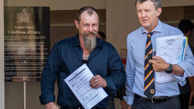 Former NT chapter president of the Rebels outlaw motorcycle gang Lee Wiffen outside the Darwin Local Court after pleading guilty to assaulting another man in Howard Springs in 2022. Picture: Pema Tamang Pakhrin