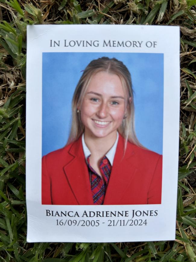 A prayer card given to mourners at Bianca Jones' funeral at Mentone Girls Grammar School.