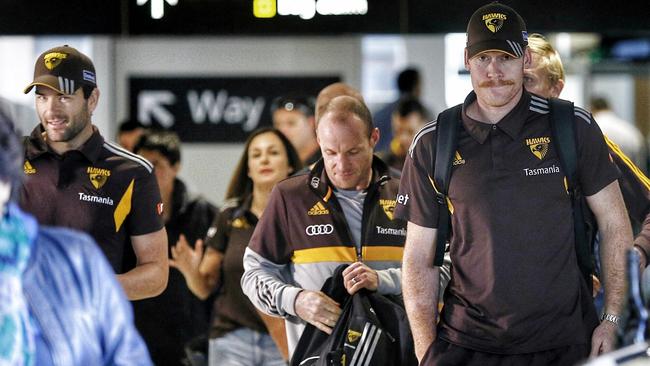 Jarryd Roughead with Jordan Lewis at Melbourne Airport. Picture: Colleen Petch