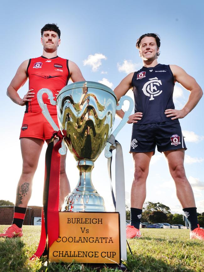 Burleigh Bombers captain Paddy Turner and Coolangatta Blues captain Ned Lanyon ready to play off for the Paul Fowles Cup at Burleigh Bombers Football Club. Picture Glenn Hampson