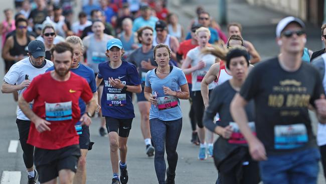 Runners make their way up Davey Street during the 2019 Point to Pinnacle. Picture: LUKE BOWDEN