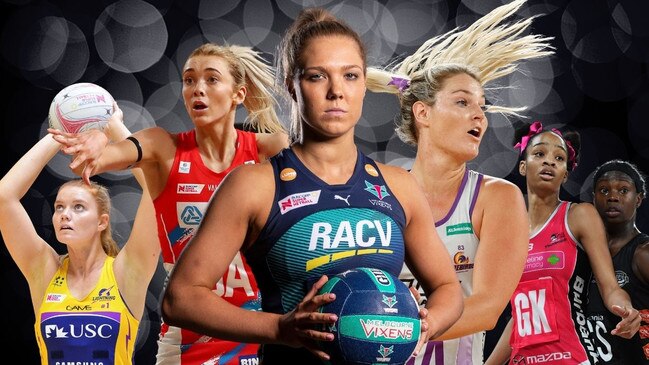 Steph Wood of the Lightning, Helen Housby of the Swifts, Kate Moloney of the Vixens, Gretel Bueta of the Firebirds, Shamera Sterling of the Thunderbirds, and Shimona Nelson of the Magpies.