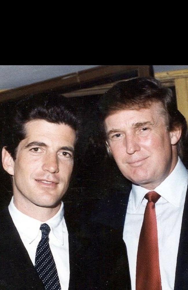 QAnon conspiracy theorists claim Joe Biden is really JFK Jr (above with Donald Trump in New York in 1996, three years before his death in a plane crash) in a mask. Picture: Twitter