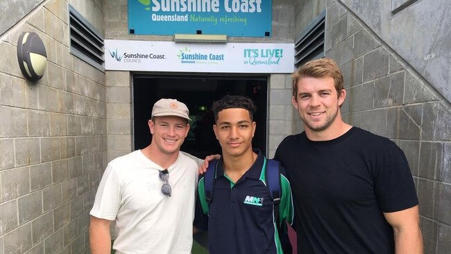 Prestyn Laine-Sietu will captain Redcliffe. Here he is with two Origin players, Grant and Welch, after his QRSSL player of the carnival effort last year.