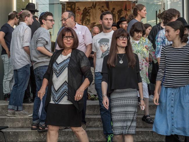 Mourners attend a memorial service for Thalia Hakin at Yeshiva College in East St. Kilda. Picture: Jake Nowakowski