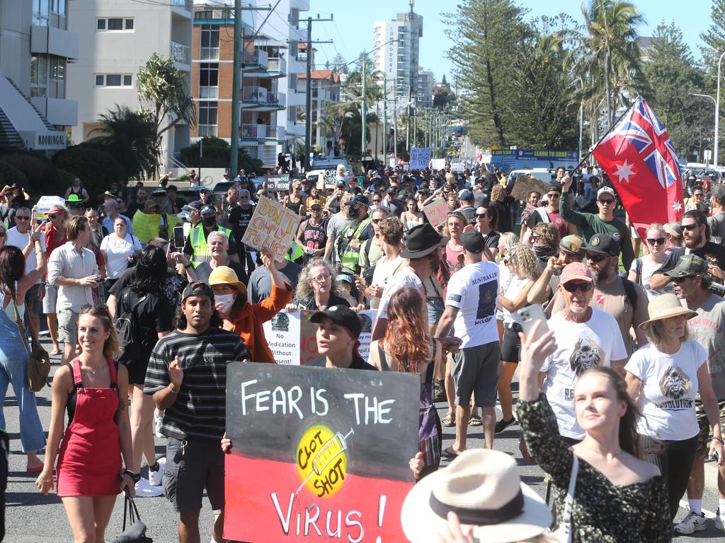 People in the tweed protesting the border restrictions. 22 August 2021 Coolangatta Picture by Richard Gosling