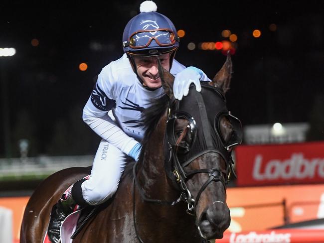 Jonker ridden by Daniel Moor returns to the mounting yard after winning  the Ladbrokes Manikato Stakes at Moonee Valley Racecourse on October 22, 2021 in Moonee Ponds, Australia. (Scott Barbour/Racing Photos via Getty Images)