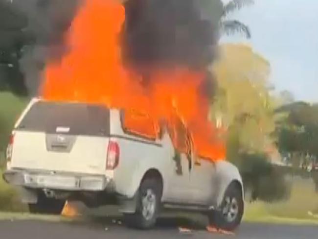 ‘Oh f–k’: Driver stunned as ute bursts into flames on major road