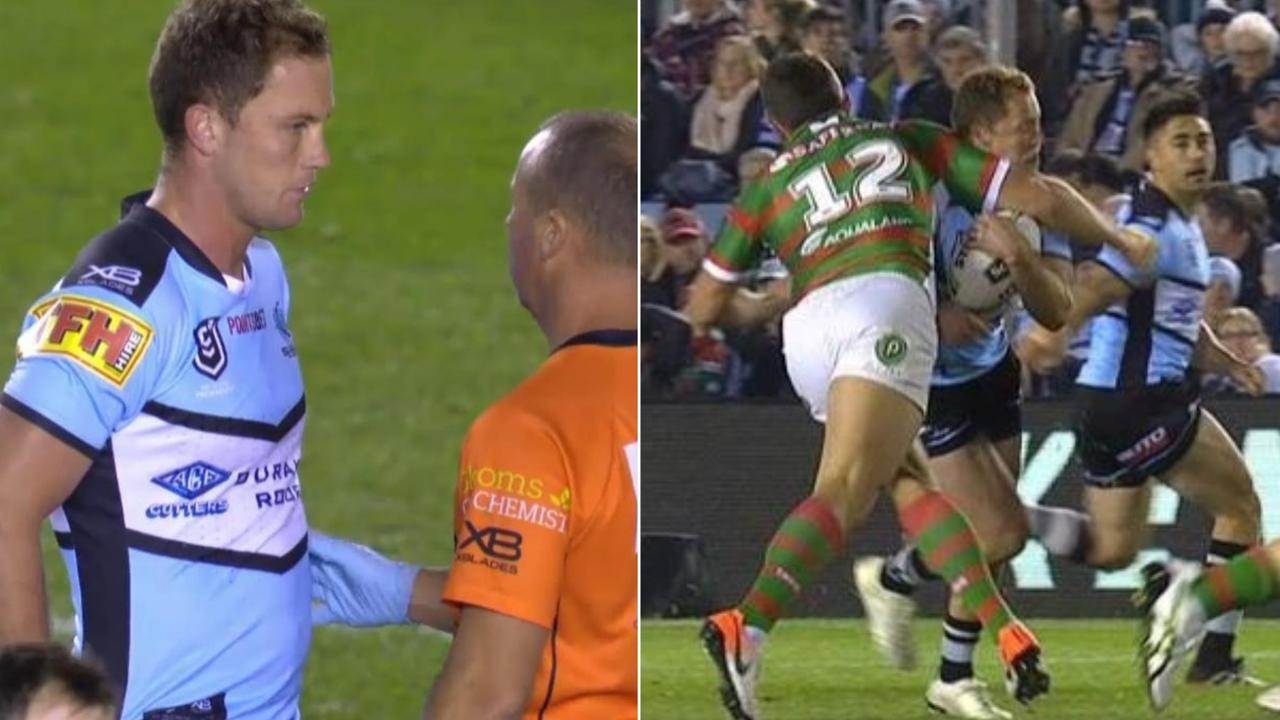 Matt Moylan was hit high by Sam Burgess.