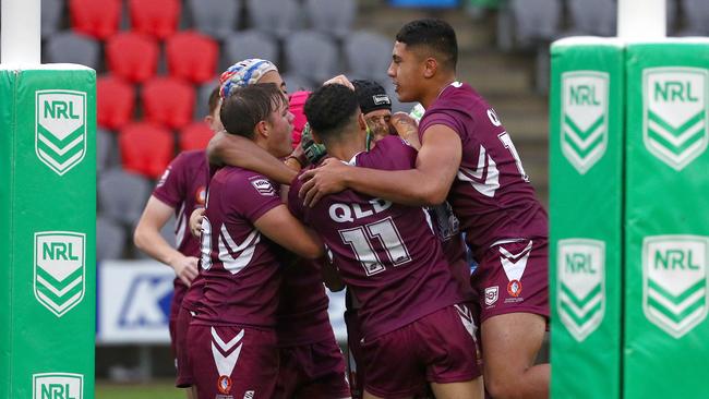 Action from the Australian state schools national rugby league championship match between Queensland Maroon and NSW CHS.