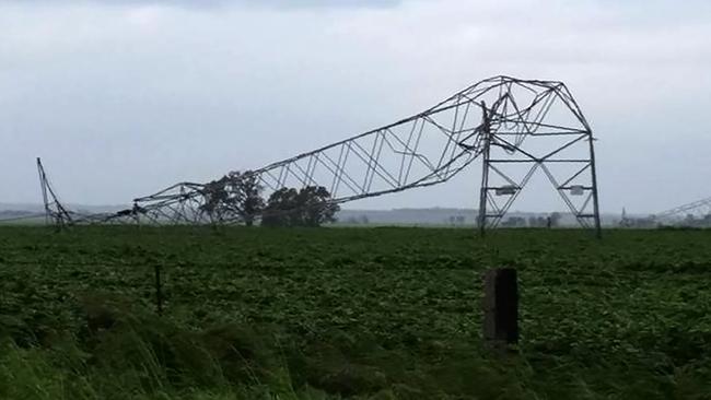 Transmission towers carrying power lines in South Australia, which were toppled, contributing to the statewide blackout in September, 2016.