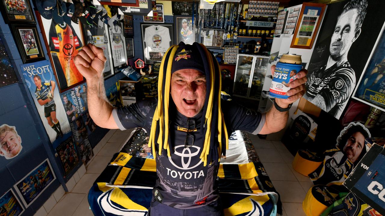 Darryl Serrurier at his Cowboys man cave at his Kirwan home. Picture: Evan Morgan