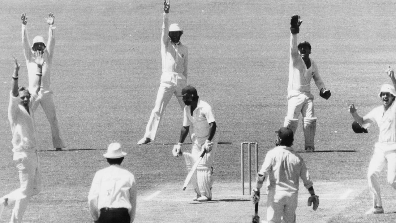 Rod Marsh appeals for a wicket off Rodney Hogg.