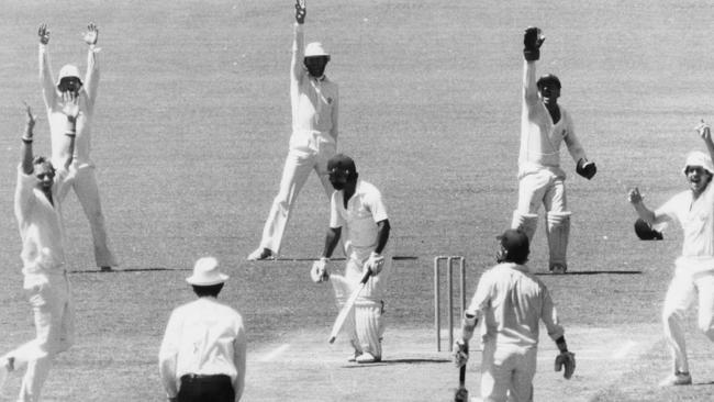 Rod Marsh appeals for a wicket off Rodney Hogg.