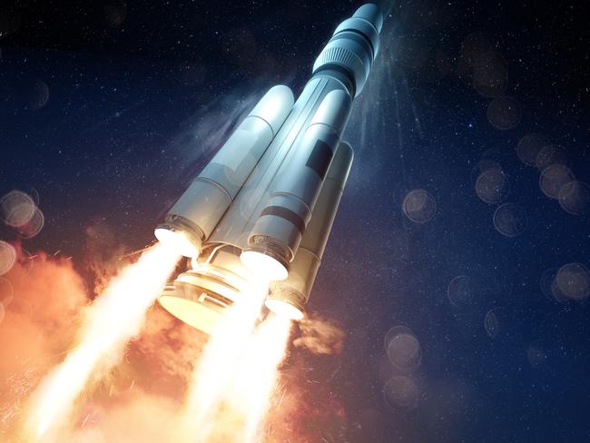 An extreme angle of a rocket launching a probe into space. 3D illustration.