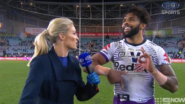 Josh Addo-Carr allegedly threw out a 67 gang sign during a post match interview after the 2020 NRL Grand final