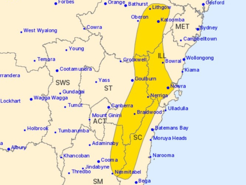 The severe weather warning area for NSW for Wednesday. Picture: BOM