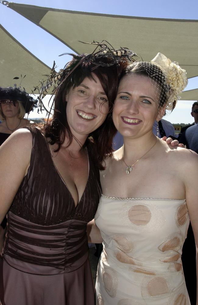 Sue Willis and Lisa Kither at the inaugural Ladies Oaks Day in 2005. Picture: Lou O'Brien