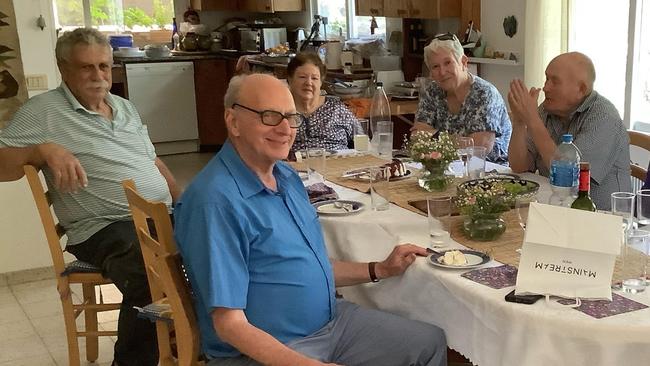 Margalit Moses' Australian cousin Benny Monheit (closest to camera) during a visit to the Kibbutz three years ago. Margalit sits behind him (white hair).