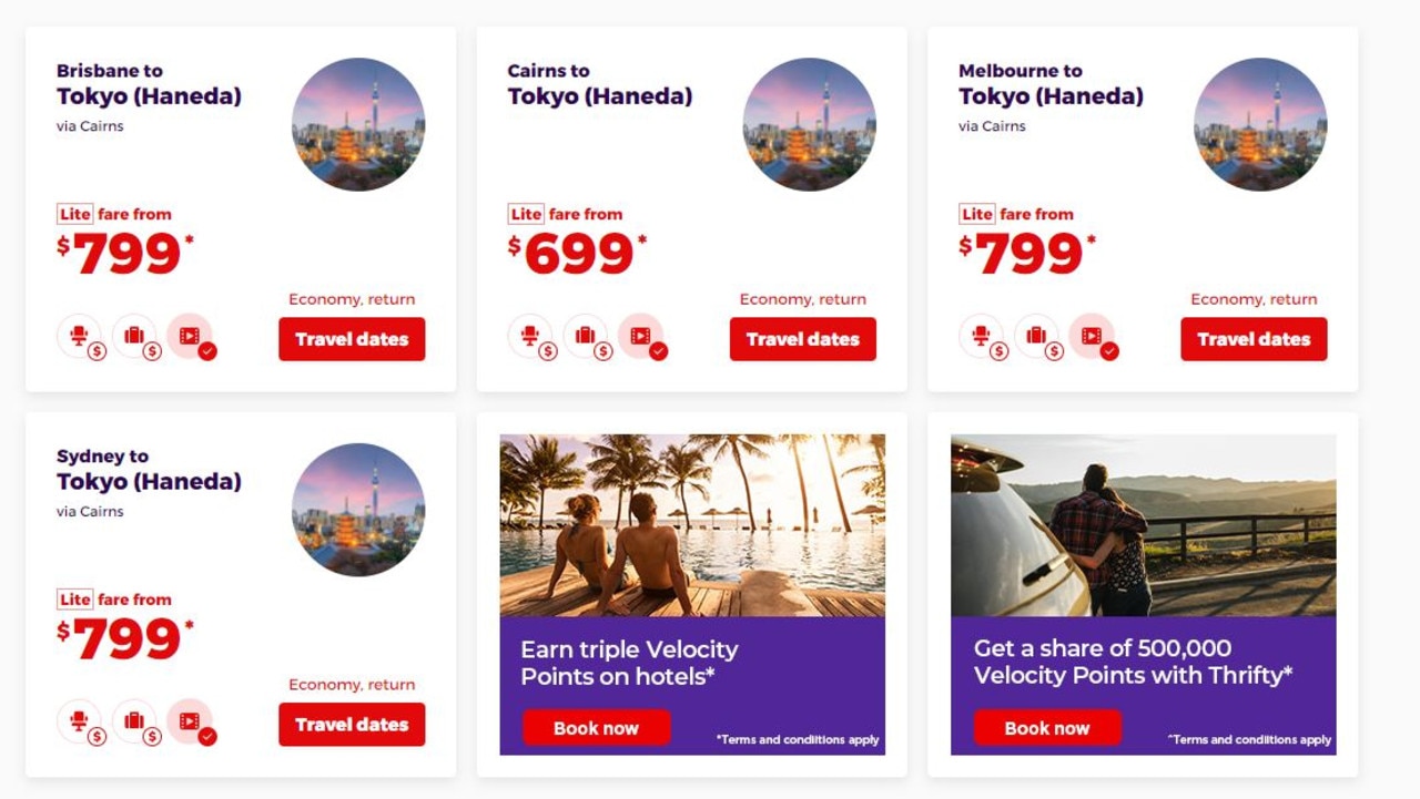 To celebrate, the airline launched a seven-day ‘Take off for Tokyo’ sale, with return airfares starting from $699. Picture: Virgin Australia website