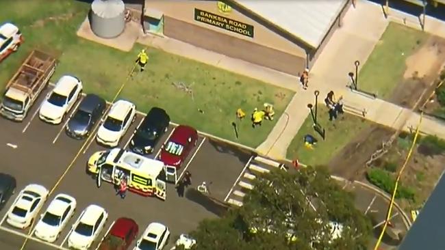 The scene at Banksia Road Public School in Greenacre where a car has crashed through a classroom injuring seven children. Picture: Nine News