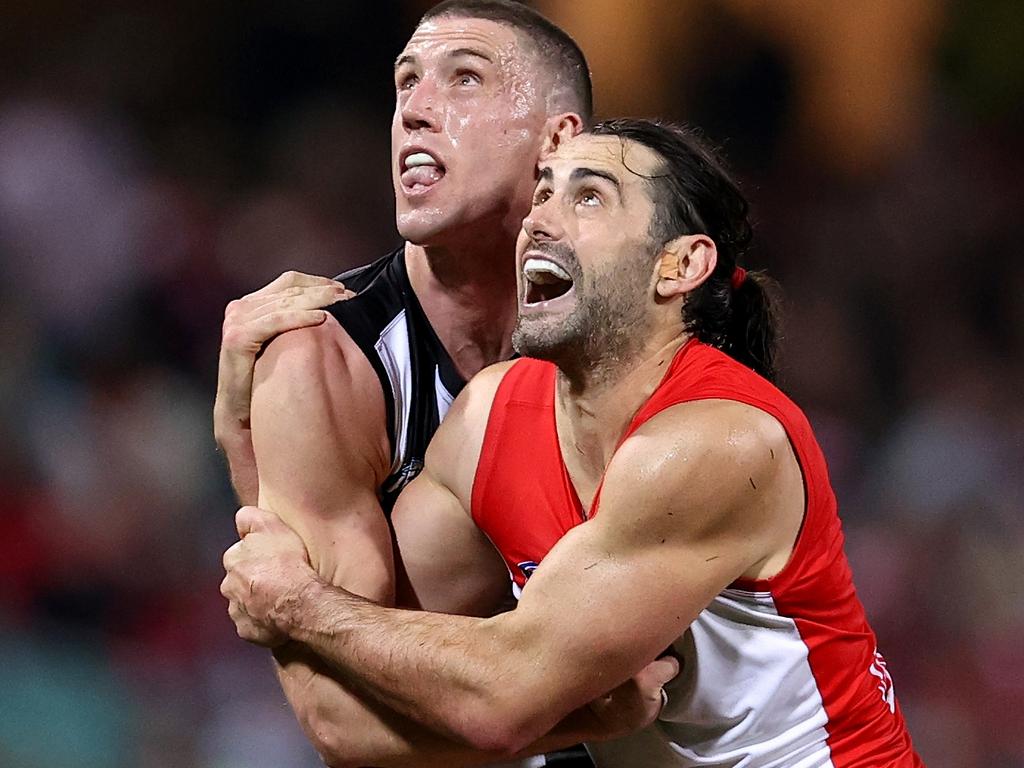 Longmire is yet to make a decision whether players like Brodie Grundy will be given an extra week off with the minor premiership all but secured. Picture: Brendon Thorne/AFL Photos/via Getty Images