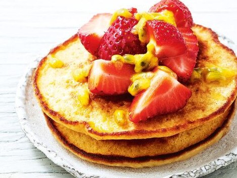 White bean pancakes with strawberries and passionfruit.