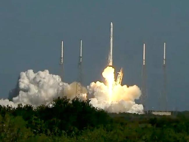 This April 14, 2015 still image from NASA TV shows the SpaceX Falcon 9 rocket lifting off from Cape Canaveral, Florida. SpaceX's latest attempt at recycling its Falcon 9 rocket by landing it upright on an ocean platform failed Tuesday, the company said, after a successful launch of its cargo mission to space. 