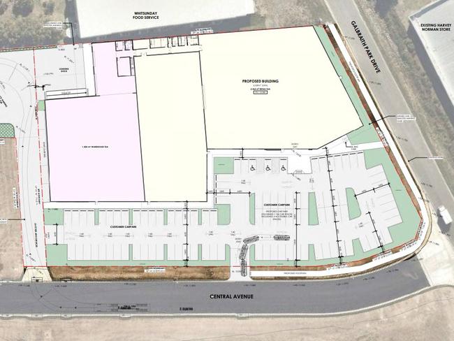 Plans for Harvey Norman's new facility in Whitsunday Plaza, Airlie Beach, on Galbraith Road and Shute Harbour Road. Photo: Contributed