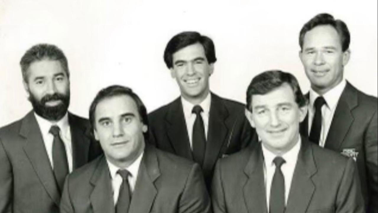 Renowned football presenter Ross Booth (R), seen here with his old ABC commentary team, has died. L-R: Phil Cleary, Sam Kekovich, Peter Gee, Len Thompson and Booth.