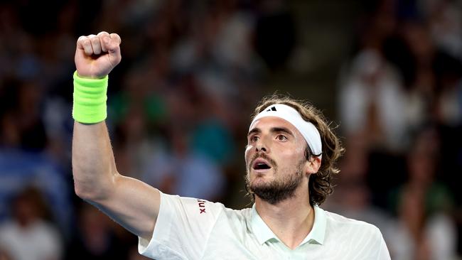 Stefanos Tsitsipas of Greece celebrates match point in their round two singles match against Jordan Thompson. (Photo by Julian Finney/Getty Images)