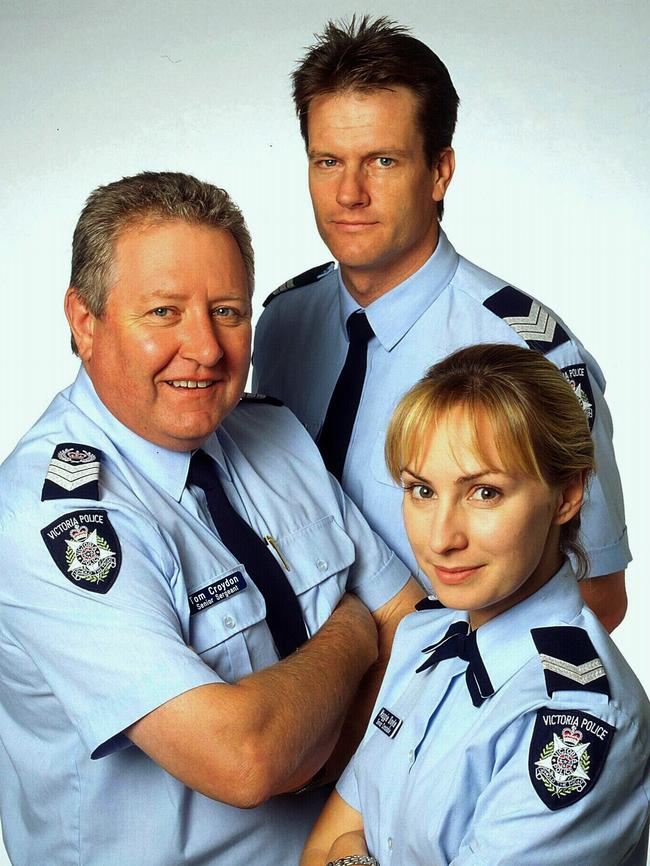 Actor John Wood, with William McInnes and Lisa McCunes in Blue Heelers.