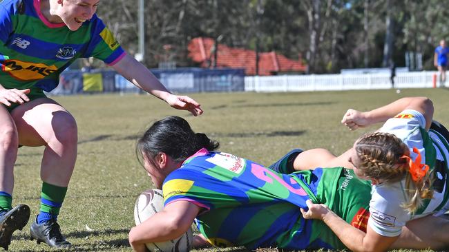 GPS’s Eve Lemanu gets a try. Girls Rugby Sunnybank v GPS Saturday July 9, 2022. Picture, John Gass