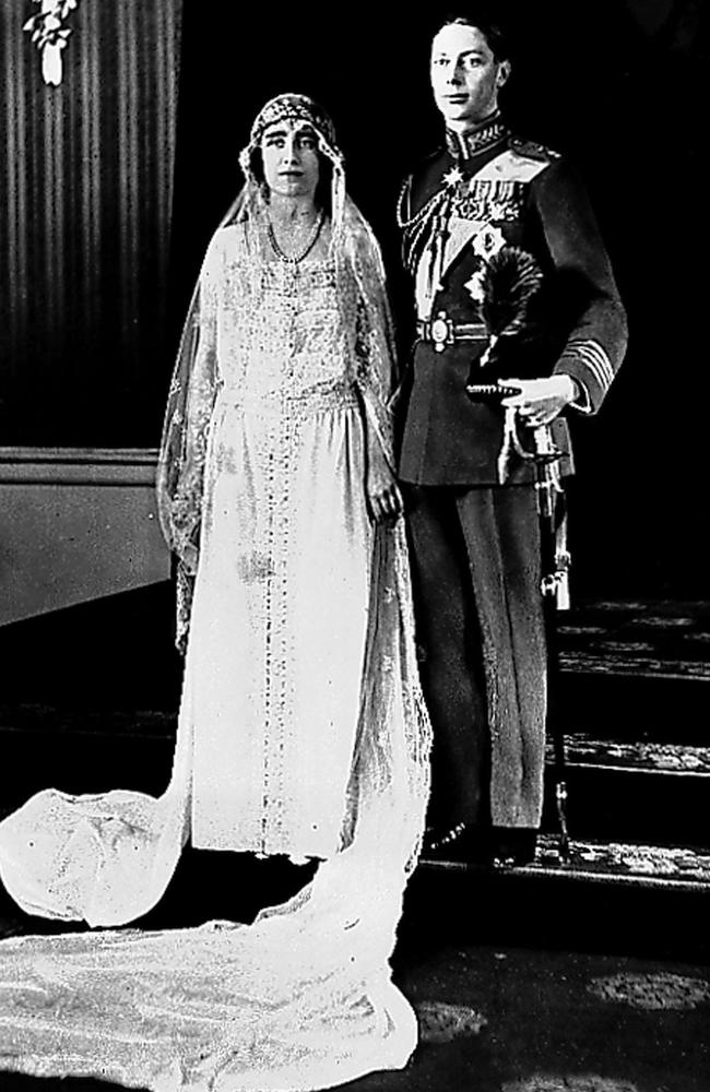 Lady Elizabeth Bowes-Lyon with the Duke of York on their wedding day in April, 1923. Picture: AP