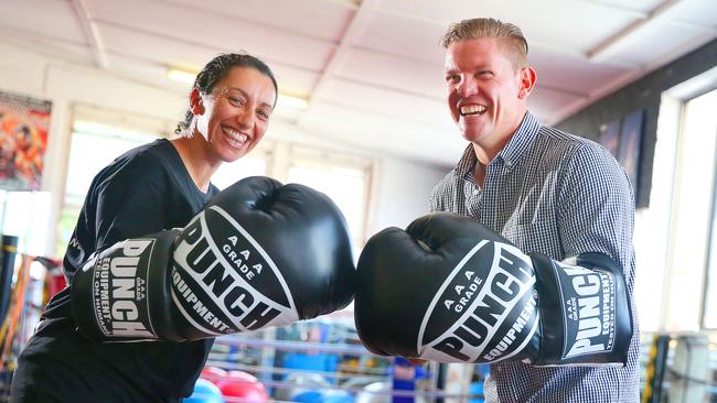 Mrs Boniface is known for helping out the local community, including holding a charity boxing match to benefit Network Kokoda and Soldier On in March 2017. Pictured with Soldier On ambassador Damien Thomlinson. Picture: Phillip Rogers.