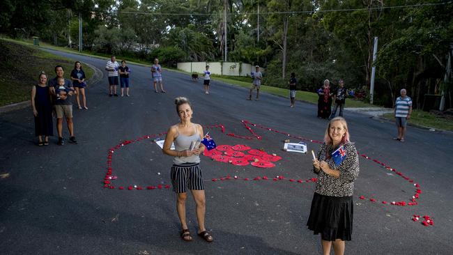 Tara Burke (front) is organising her neighbours to have a dawn driveway service at her street for Anzac Day. Picture: Jerad Williams