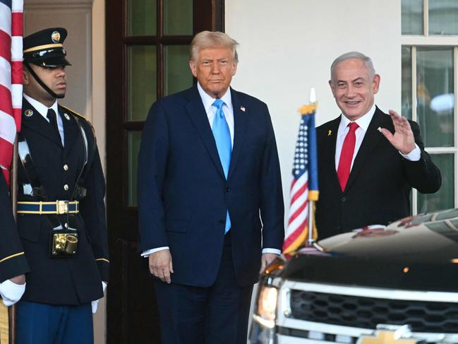 US President Donald Trump greets Israel's Prime Minister Benjamin Netanyahu as he arrives at the North Portico of the White House in Washington, DC. Picture: AFP