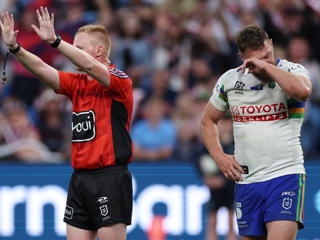 Elliott Whitehead is sent to the sin bin on Sunday. Picture: Cameron Spencer/Getty Images