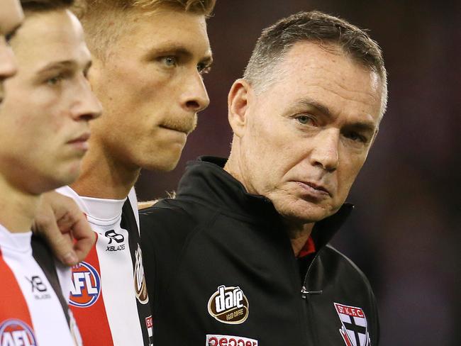 AFL Round 6. 27/04/2019. St Kilda v Adelaide at Marvel Stadium.  St Kilda coach Alan Richardson during  pre game Anzac day ceremony    . Pic: Michael Klein.