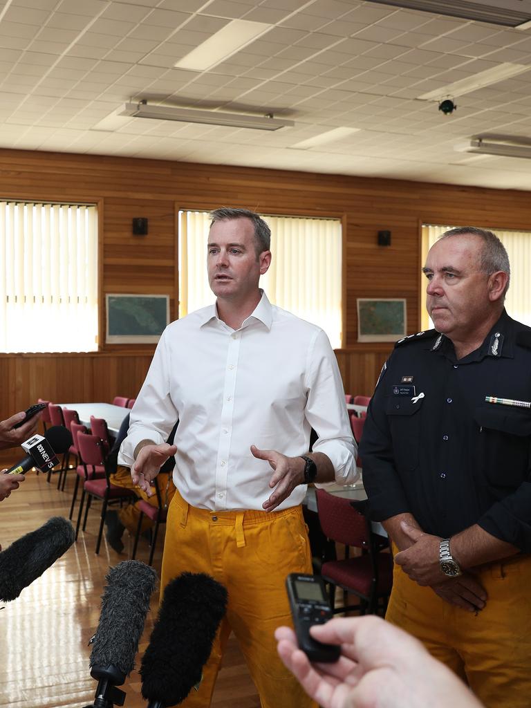 Police and Emergency Services Minister Michael Ferguson and North Regional Chief Officer Jeff Harper (right) giving media an update on the fires surrounding Miena. Picture: LUKE BOWDEN