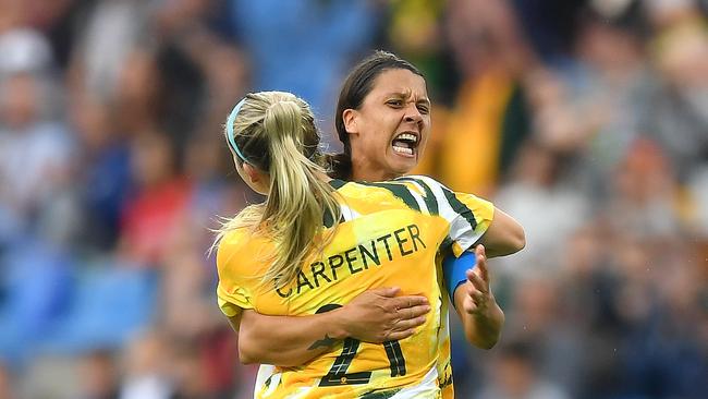 MONTPELLIER, FRANCE - JUNE 13:  Sam Kerr and Ellie Carpenter of Australia celebrate following their sides victory in the 2019 FIFA Women's World Cup France group C match between Australia and Brazil at Stade de la Mosson on June 13, 2019 in Montpellier, France. (Photo by Michael Regan/Getty Images)