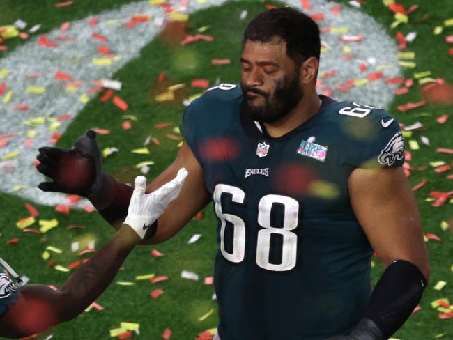 GLENDALE, ARIZONA - FEBRUARY 12: Zach Pascal #3 of the Philadelphia Eagles and Jordan Mailata #68 of the Philadelphia Eagles react after losing to the Kansas City Chiefs in Super Bowl LVII at State Farm Stadium on February 12, 2023 in Glendale, Arizona. (Photo by Rob Carr/Getty Images)