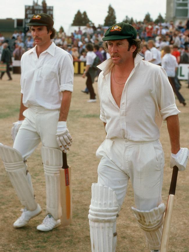 Greg and Ian Chappell walk out to bat during the tour match between Hampshire and Australia at Southampton in 1975. Picture: Patrick Eagar