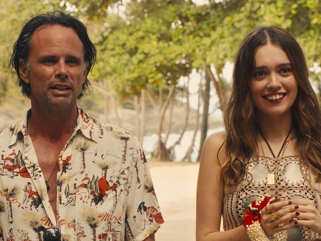 Walton Goggins and Aimee Lou Wood in a scene from Season 3 of The White Lotus.