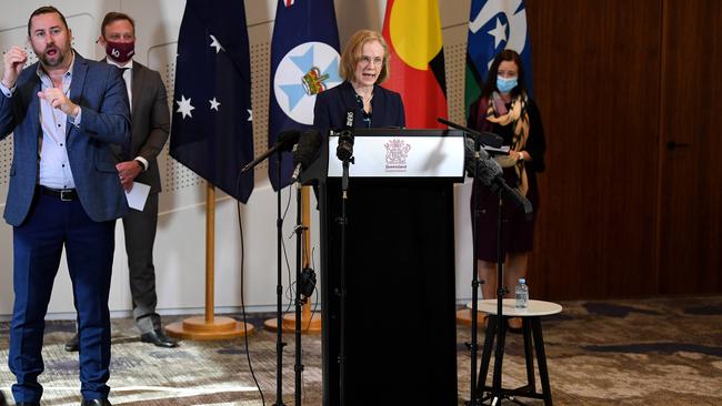 Queensland health authorities took aim at Prime Minister Scott Morrison over his stance on the AstraZeneca vaccine during Wednesday's press conference.  Picture: NCA NewsWire/Dan Peled