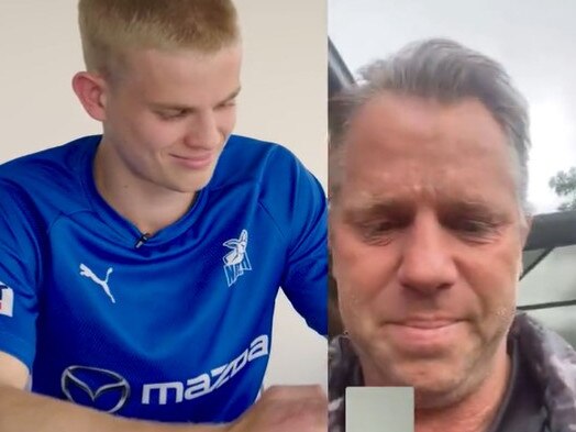 Glenn Archer tears up after being told his son Jackson will play his first AFL game.