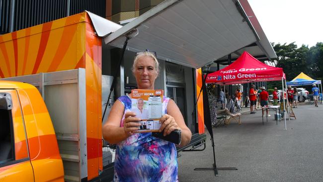 One Nation volunteer Margaret Ramsey at the Tjapukai early voting centre near Kuranda, Cairns. Picture: Elodie Jakes