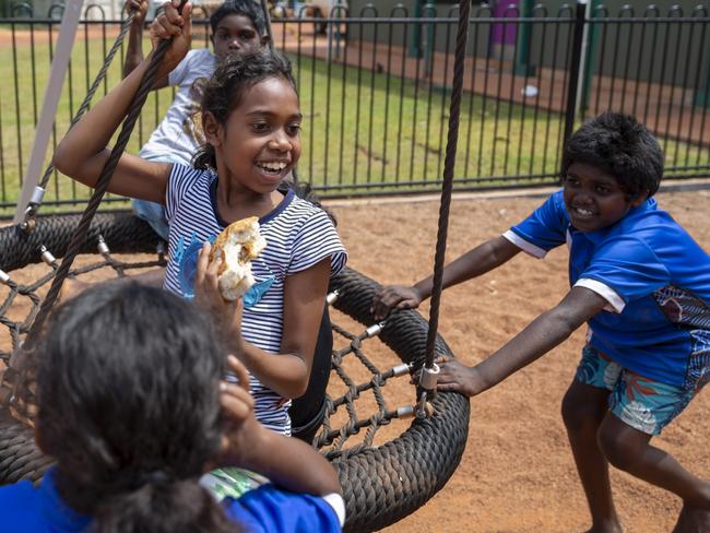 Education Minister Lauren Moss with Yirrkala students at the Yirrkala School. Picture: Floss Adams.