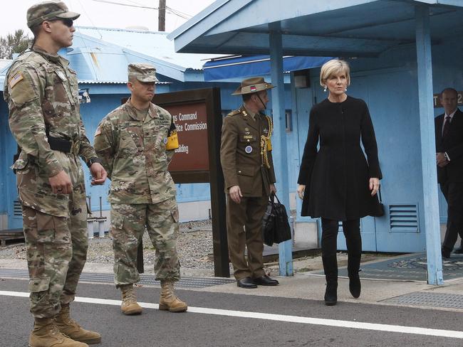 Australian Foreign Minister Julie Bishop, second from right, comes out from the Neutral Nations Supervisory Commission room at the border village of Panmunjom in Paju, South Korea. Picture: AP
